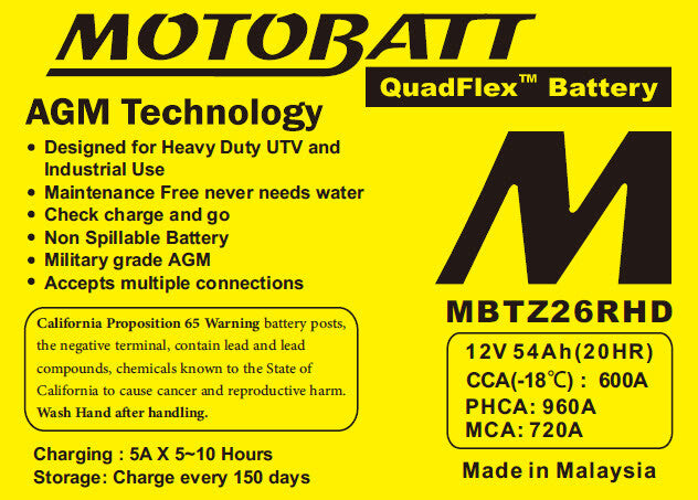 MOTOBATT BATTERY MBTZ26RHD SEALED FACTORY ACTIVATED