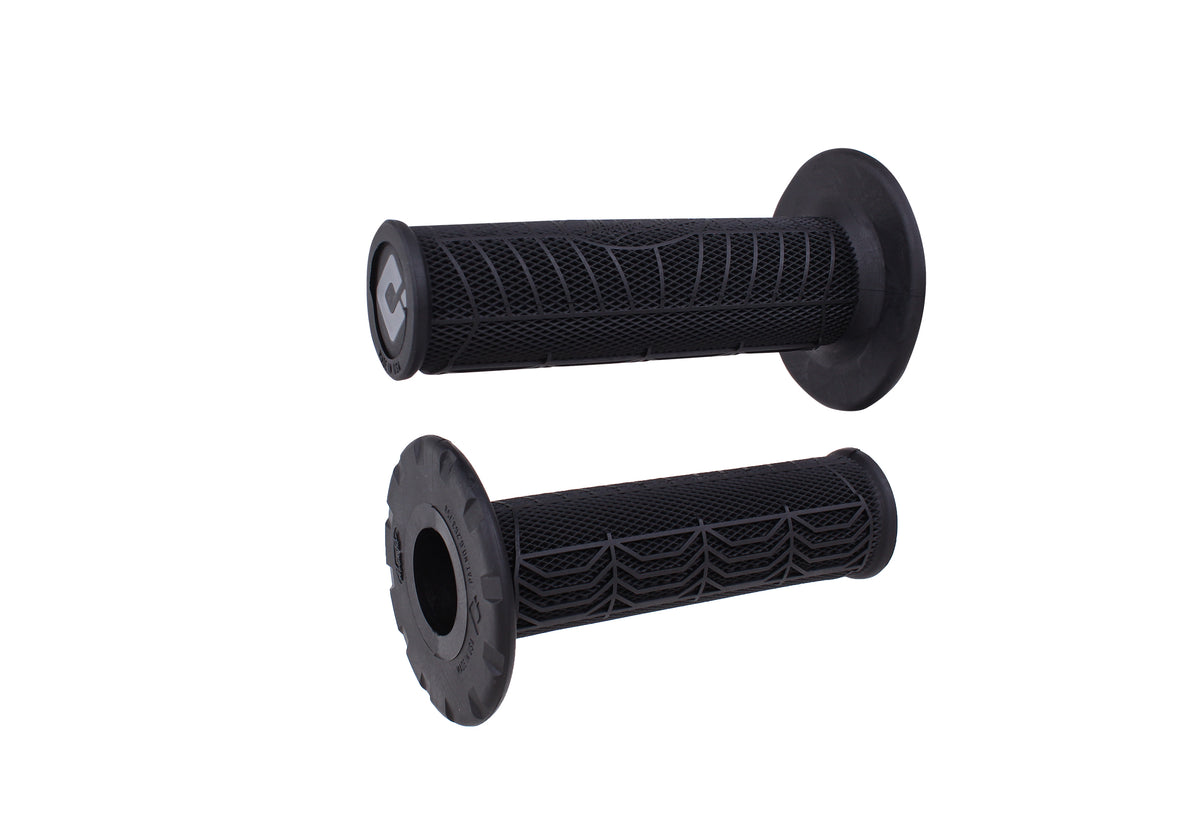 ODI Motion Pro DirtControl II slip‑on MX grips in Black with ergonomic web pattern