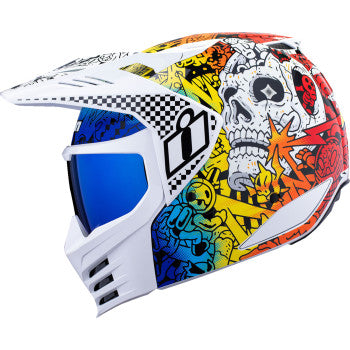 ICON Elsinore™ Doodle 3 Open‑Face Helmet – White/Multi – Medium – FRP Composite – Modular Face Mask – Hydradry™ Liner – Glow in the Dark