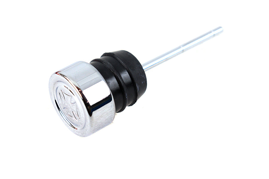 Maltese Cross Oil Cap with Dipstick – 2‑5/8" Dipstick – Harley FLST 1986‑1999, FXST 1984‑1999, XL 1979‑2003 – Parkerized/Chrome Maltese Design – Made in Taiwan