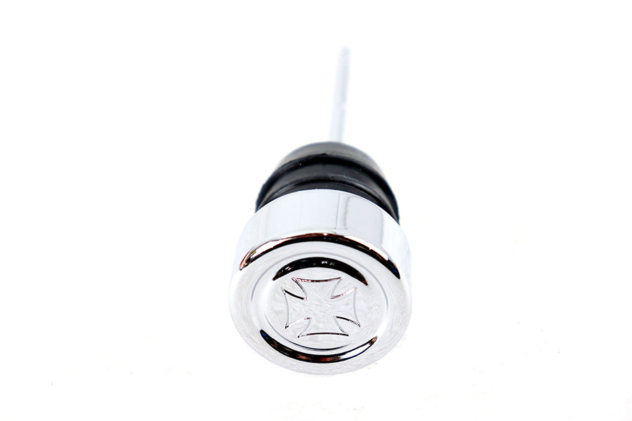 Maltese Cross Oil Cap with Dipstick – 2‑5/8" Dipstick – Harley FLST 1986‑1999, FXST 1984‑1999, XL 1979‑2003 – Parkerized/Chrome Maltese Design – Made in Taiwan