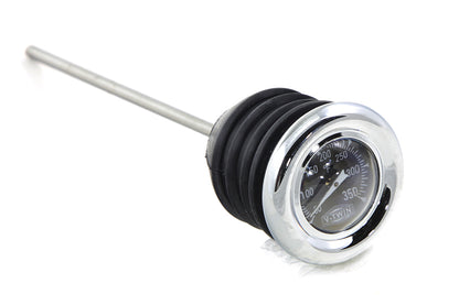 Chrome Oil Temperature Dipstick – Black Face / Chrome Bezel – Harley FLST & FXST 2000‑2017 – Repl. OEM 62896‑00B – Plug Dia. 1‑1/4" / Dipstick 4‑7/16" / Overall 6" – Made in Taiwan