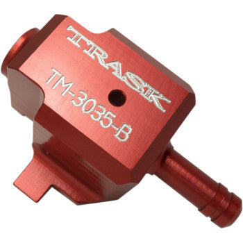 TRASK TM‑3035 red anodized billet aluminum fuel regulator housing for Harley‑Davidson motorcycles.
