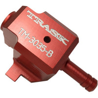TRASK TM‑3035 red anodized billet aluminum fuel regulator housing for Harley‑Davidson motorcycles.