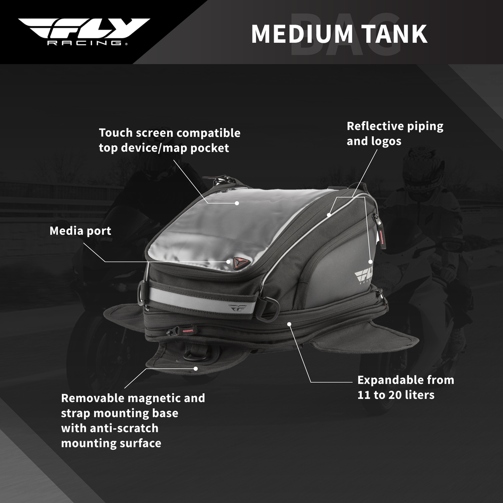 FLY Racing Medium Tank Bag Motorcycle ATV Dual Sport ADV 11L Expandable to 20L Touch Screen Pocket Rain Cover