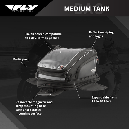 FLY Racing Medium Tank Bag Motorcycle ATV Dual Sport ADV 11L Expandable to 20L Touch Screen Pocket Rain Cover