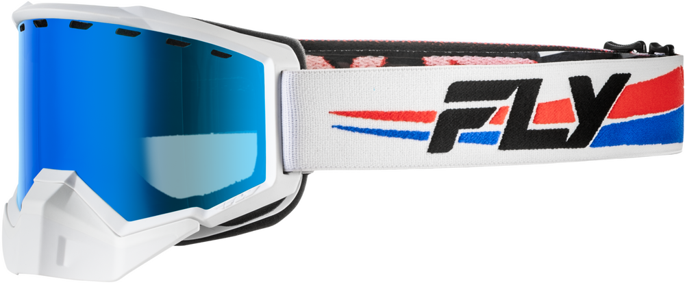 FLY Racing Focus Snow Goggle White Red Blue with Dark Blue Mirror Smoke Dual‑Pane Lens