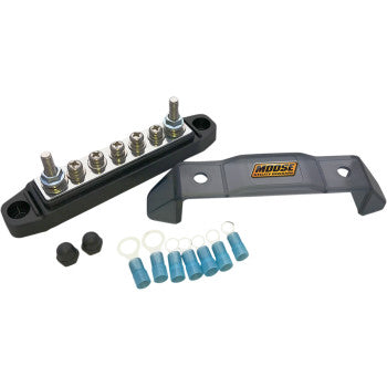 Moose Offroad 2120‑1041 7‑position bus bar with stainless studs, polycarbonate cover, rubber caps, and blue ring terminals