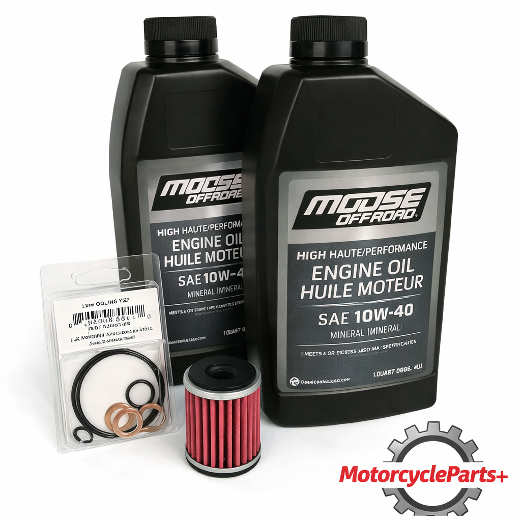 Yamaha YZ250F YZ450F WR250F WR450F Oil Change Filter Kit with Moose Offroad 10W‑40 motor oil, oil filter, and gaskets for 4‑stroke models

