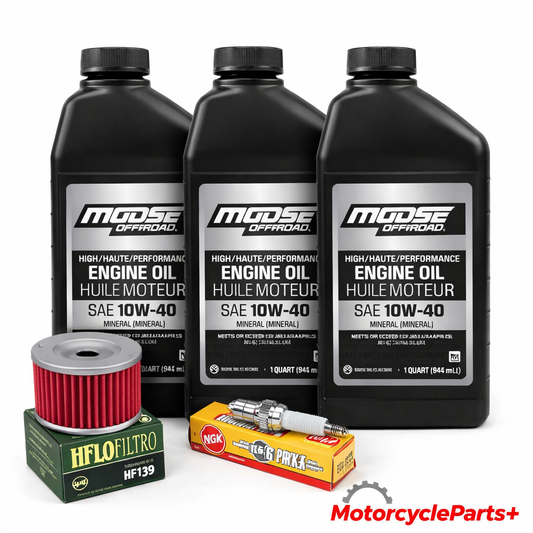 Suzuki DRZ400 S/E/SM oil change and tune‑up kit with Moose Offroad 10W‑40 oil bottles, HiFloFiltro oil filter, and NGK CR8E spark plug
