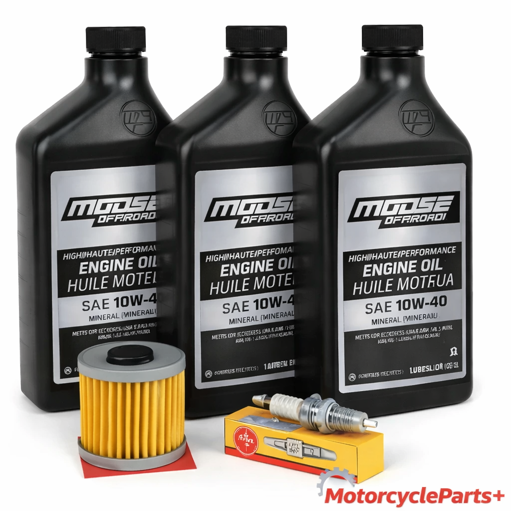 Honda TRX350 Rancher 00‑06 oil change and tune‑up kit with Moose Offroad 10W‑40 oil bottles, HiFloFiltro oil filter, and NGK DPR7EA‑9 spark plug
