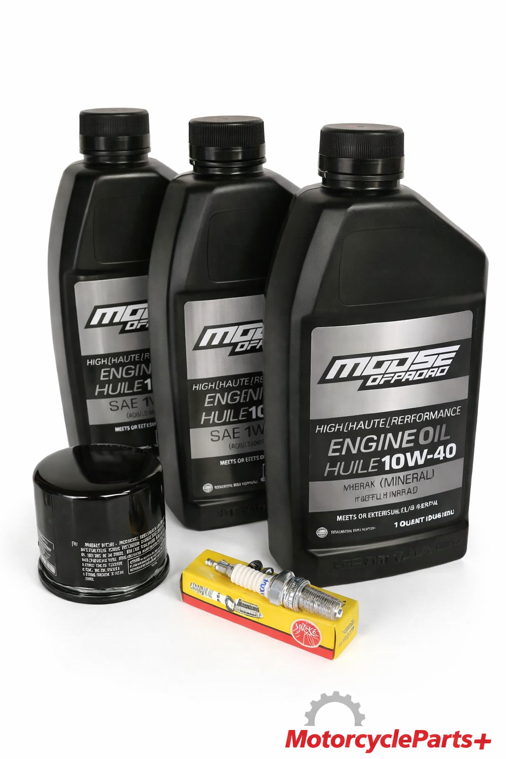 Yamaha Kodiak 450 YFM450 (2018‑Up) oil change and tune‑up kit with Moose Offroad 10W‑40 oil bottles, HifloFiltro oil filter, and NGK DR7EA spark plug
