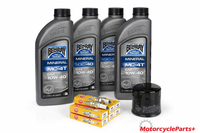 Honda GL1500 Goldwing 1988–2000 oil change and tune‑up kit with BelRay 10W‑40 motor oil bottles, NGK DPR7EA‑9 spark plug, and premium oil filter
