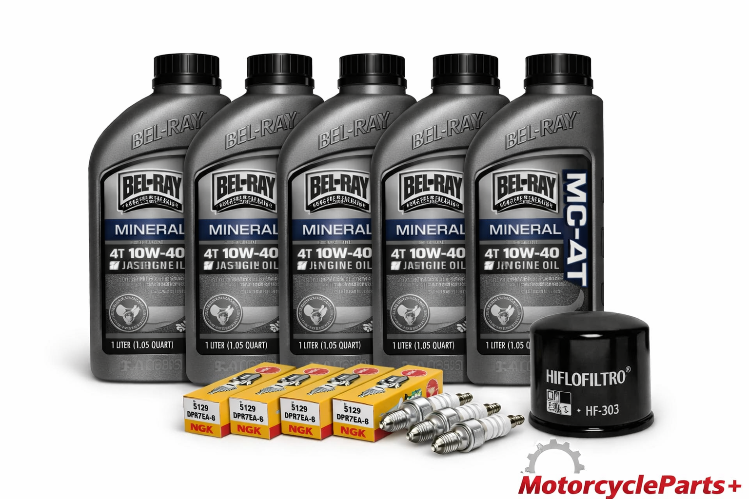 Yamaha Road Star 1600/1700 and Royal Star 1300 oil change and tune‑up kit with BelRay 20W‑50 motor oil bottles, NGK DPR7EA‑9 spark plugs, and HifloFiltro HF‑303 oil filter
