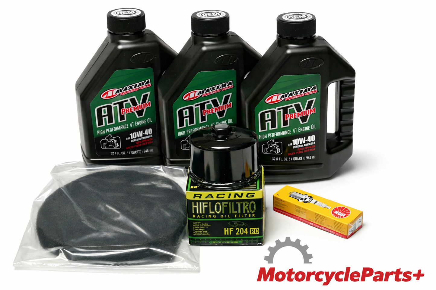 Yamaha Grizzly 550 and 700 oil and air filter tune‑up kit for 2009–2014 models featuring Maxima 10W‑40 motor oil bottles, HifloFiltro HF204RC oil filter, and NGK LMAR6A‑9 spark plug
