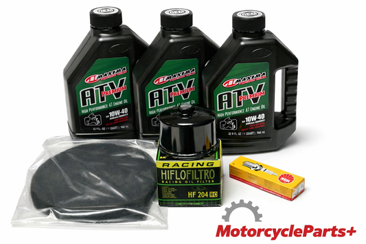 Yamaha Grizzly 550 and 700 oil and air filter tune‑up kit for 2009–2014 models featuring Maxima 10W‑40 motor oil bottles, HifloFiltro HF204RC oil filter, and NGK LMAR6A‑9 spark plug
