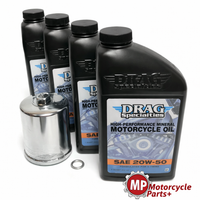 Harley Twin Cam oil change kit with Drag Specialties 20W-50 mineral oil and HiFlo HF171CRC chrome filter
