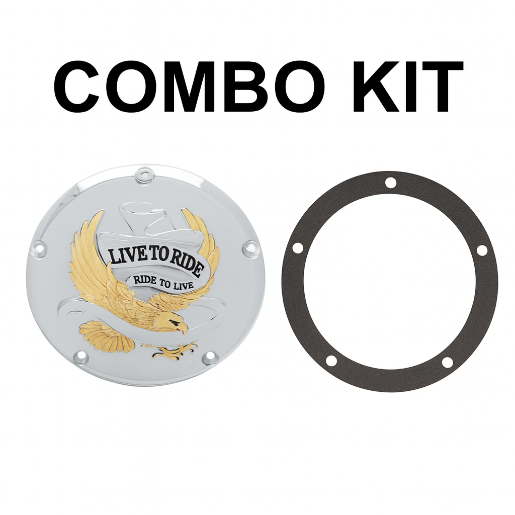 Drag Specialties 5 Hole Derby Cover "Live To Ride" Chrome with Gold Eagle for Softail Custom Harley 1999-2018 with Gasket