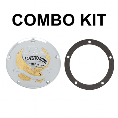 Drag Specialties 5 Hole Derby Cover "Live To Ride" Chrome with Gold Eagle for Softail Custom Harley 1999-2018 with Gasket