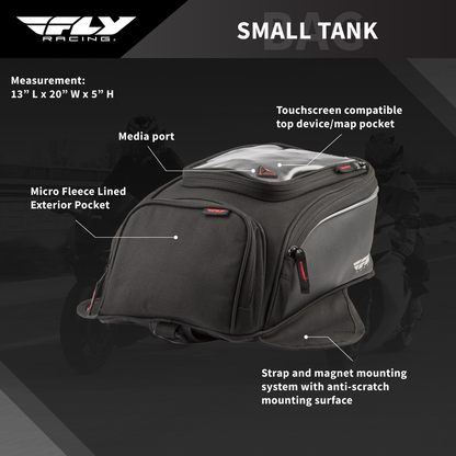 FLY Racing Small Tank Bag Black Motorcycle ATV Dual Sport ADV 7.5L Touch Screen Pocket Rain Cover