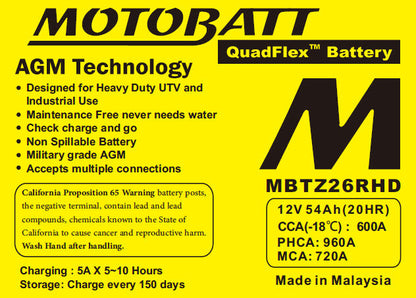 MOTOBATT BATTERY MBTZ26RHD SEALED FACTORY ACTIVATED