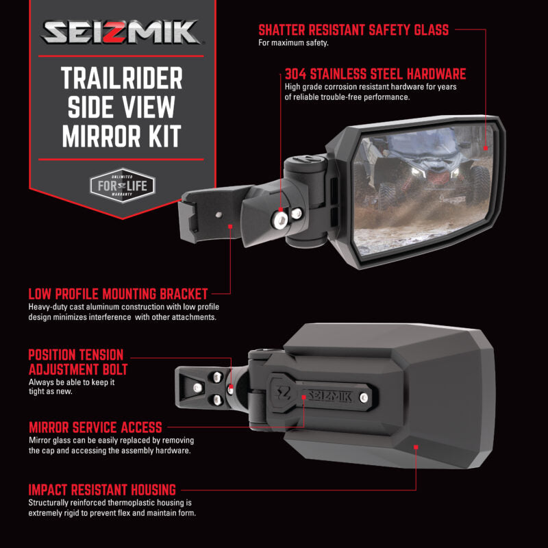 Seizmik Trail Rider UTV Side View Mirrors Set – Clamp Pro-Fit / Profiled for Polaris and Can Am Models