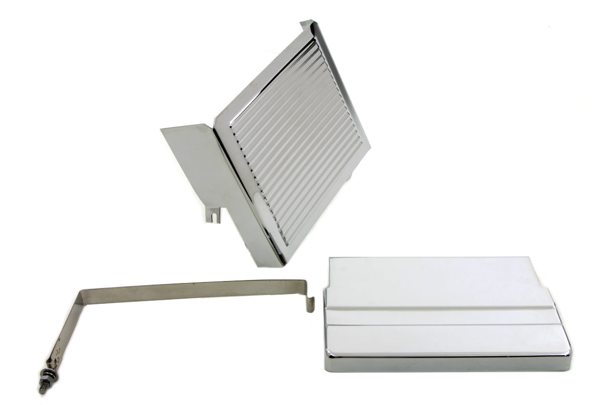 Chrome Ribbed Battery Cover Kit Top, Side & Stainless Steel Strap Fits Harley FL 1965-1969