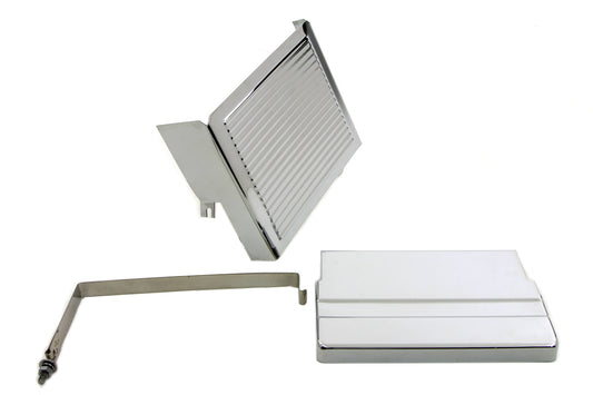 Chrome Ribbed Battery Cover Kit Top, Side & Stainless Steel Strap Fits Harley FL 1965-1969