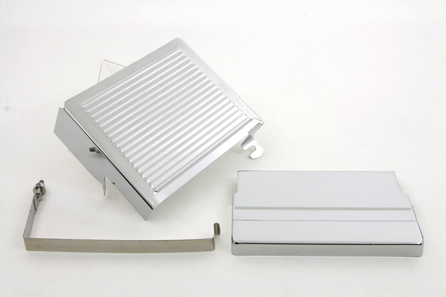 Chrome Ribbed Battery Cover Kit Top, Side & Stainless Steel Strap Fits Harley FL 1965-1969