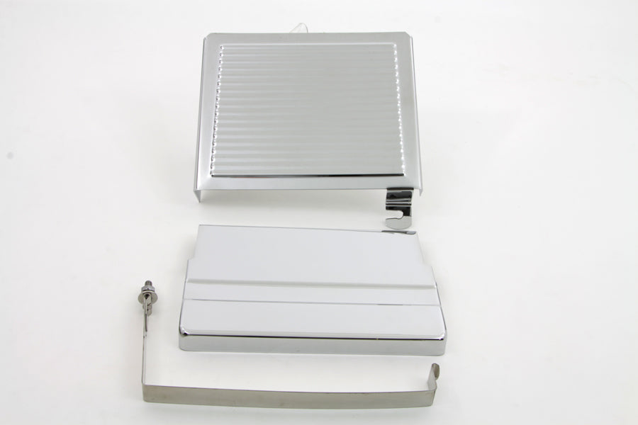 Chrome Ribbed Battery Cover Kit Top, Side & Stainless Steel Strap Fits Harley FL 1965-1969