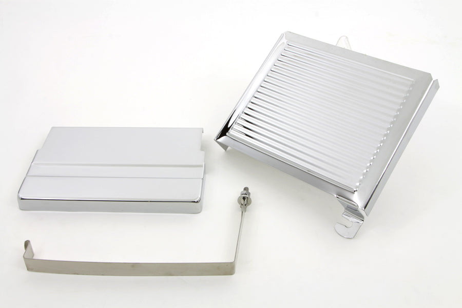 Chrome Ribbed Battery Cover Kit Top, Side & Stainless Steel Strap Fits Harley FL 1965-1969