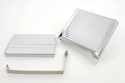 Chrome Ribbed Battery Cover Kit Top, Side & Stainless Steel Strap Fits Harley FL 1965-1969