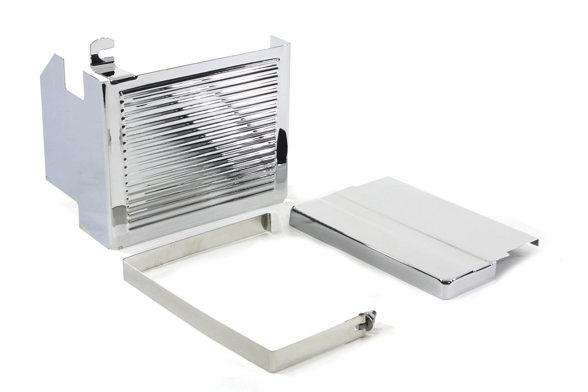 Chrome Ribbed Battery Cover Kit Top, Side & Stainless Steel Strap Fits Harley FLH 1970-1984