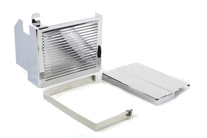 Chrome Ribbed Battery Cover Kit Top, Side & Stainless Steel Strap Fits Harley FLH 1970-1984