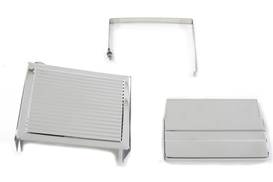 Chrome Ribbed Battery Cover Kit Top, Side & Stainless Steel Strap Fits Harley FLH 1970-1984
