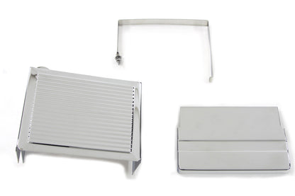 Chrome Ribbed Battery Cover Kit Top, Side & Stainless Steel Strap Fits Harley FLH 1970-1984