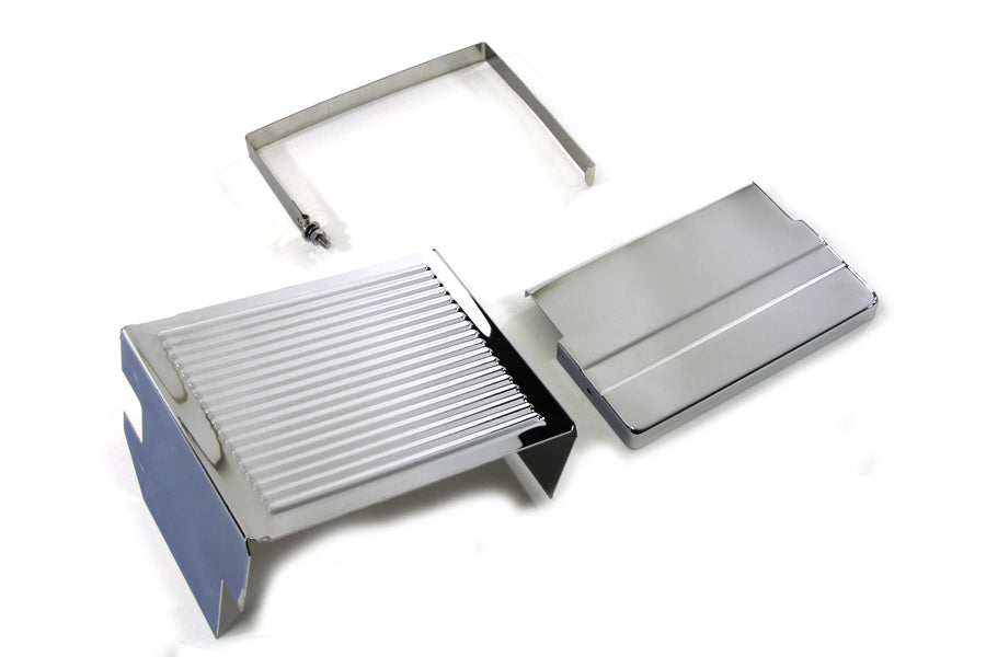 Chrome Ribbed Battery Cover Kit Top, Side & Stainless Steel Strap Fits Harley FLH 1970-1984
