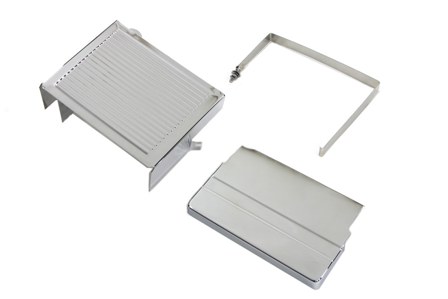 Chrome Ribbed Battery Cover Kit Top, Side & Stainless Steel Strap Fits Harley FLH 1970-1984