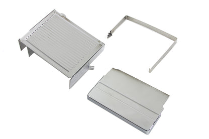 Chrome Ribbed Battery Cover Kit Top, Side & Stainless Steel Strap Fits Harley FLH 1970-1984