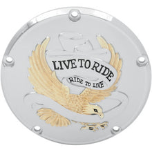 Load image into Gallery viewer, Drag Specialties 5 Hole Derby Cover &quot;Live To Ride&quot; Chrome with Gold Eagle for Softail Custom Harley 1999-2018 with Gasket
