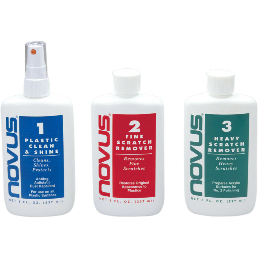 NOVUS 1 2 3 PLASTIC POLISH KIT 8 OZ BOTTLE WINDSHIELDS HEADLIGHTS CDS DVDS DISCS